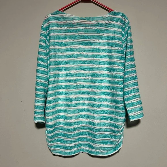 Ruby Rd Womens Top XL Blue White Striped Beaded Neck 3/4 Sleeve Tunic Layered - Picture 5 of 7